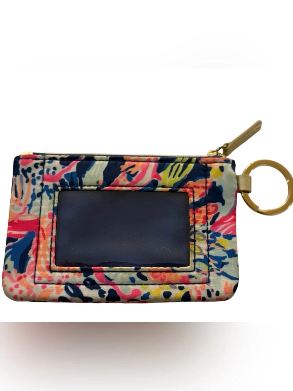 Lilly Pulitzer “Seaing Things” Navy Floral Card Zipper Wallet Keyring Gold Trim